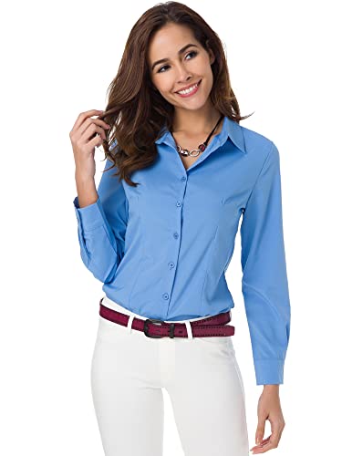 Atnlewhi Women Basic Long Sleeve Button Down Shirts Simple Pullover, Blue, M