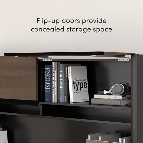 Image of Bestar L Shaped Desk with Drawers, Hutch, and Keyboard Tray, Executive Workstation for Home or Professional Office, 72 Inches, Connexion Collection, Antigua and Black