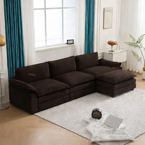 Image of SRMS Sectional Sofa Modern Deep 4 -Seat Sofa Couch | 3 + 1 ottoman | Chenille Sofa Sleeper Comfy Upholstered Furniture for Living Room, Apartment, Studio, Office | L Shape | Dark Brown