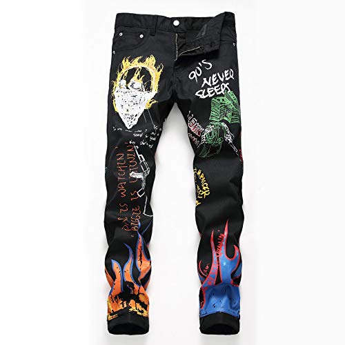 Men's Stretchy Skinny Jeans Color Letter Print Hip Hop Denim Pants with Zipper Straight Leg Male Casual Trousers2