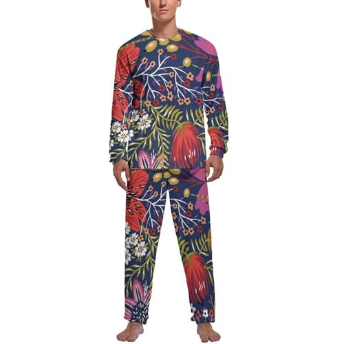 Vêtements de nuit homme pyjama manche longue pantalon imprimé fleur rouge violet