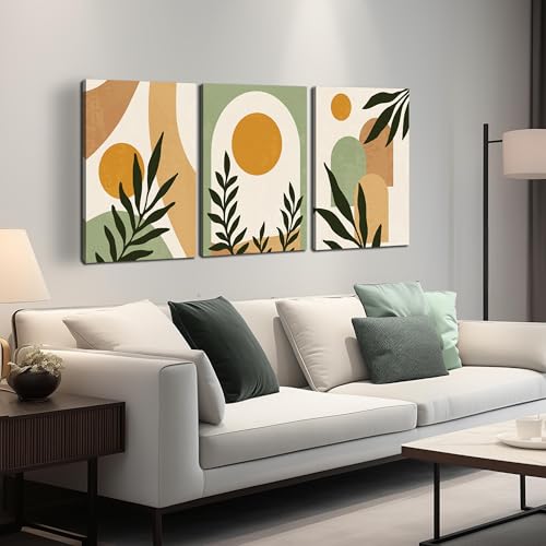 Image of Boho Sun Canvas Wall Art Set of 3, Neutral Abstract Minimalismt Bohemian Geometric & Botanical Plants Pictures Prints Artwork Paintings Wall Decor for Bedroom Living Room Home Decoration 16x24 inches