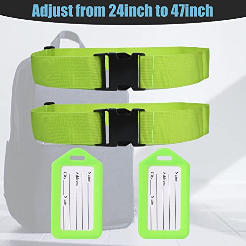 Image of 2pcs Adjustable Luggage Straps and 2pcs Travel Suitcase Tags Identifiers, Reusable Over Handle Luggage Strap Set Travel Belt for Airport Traveling Business Trip (Green)