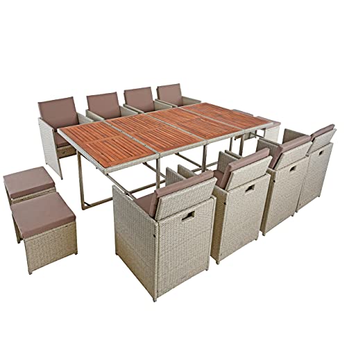 ESTEXO Salon de jardin 12 personnes fauteuils chaises de jardin table de jardin en bois et polyrotin beige