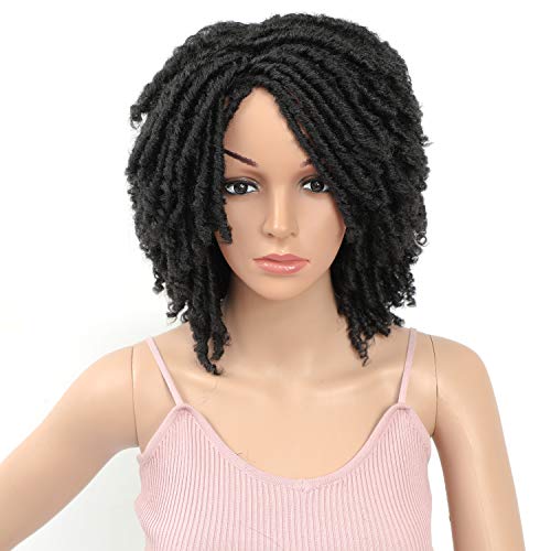 HUA MIAN LI Short Dreadlock Wig 6inch Soft Twist Crochet Braids Afro Short Curly Synthetic Wig with Curly Ends Faux Locs Braids Hair Wig for Women (Black)