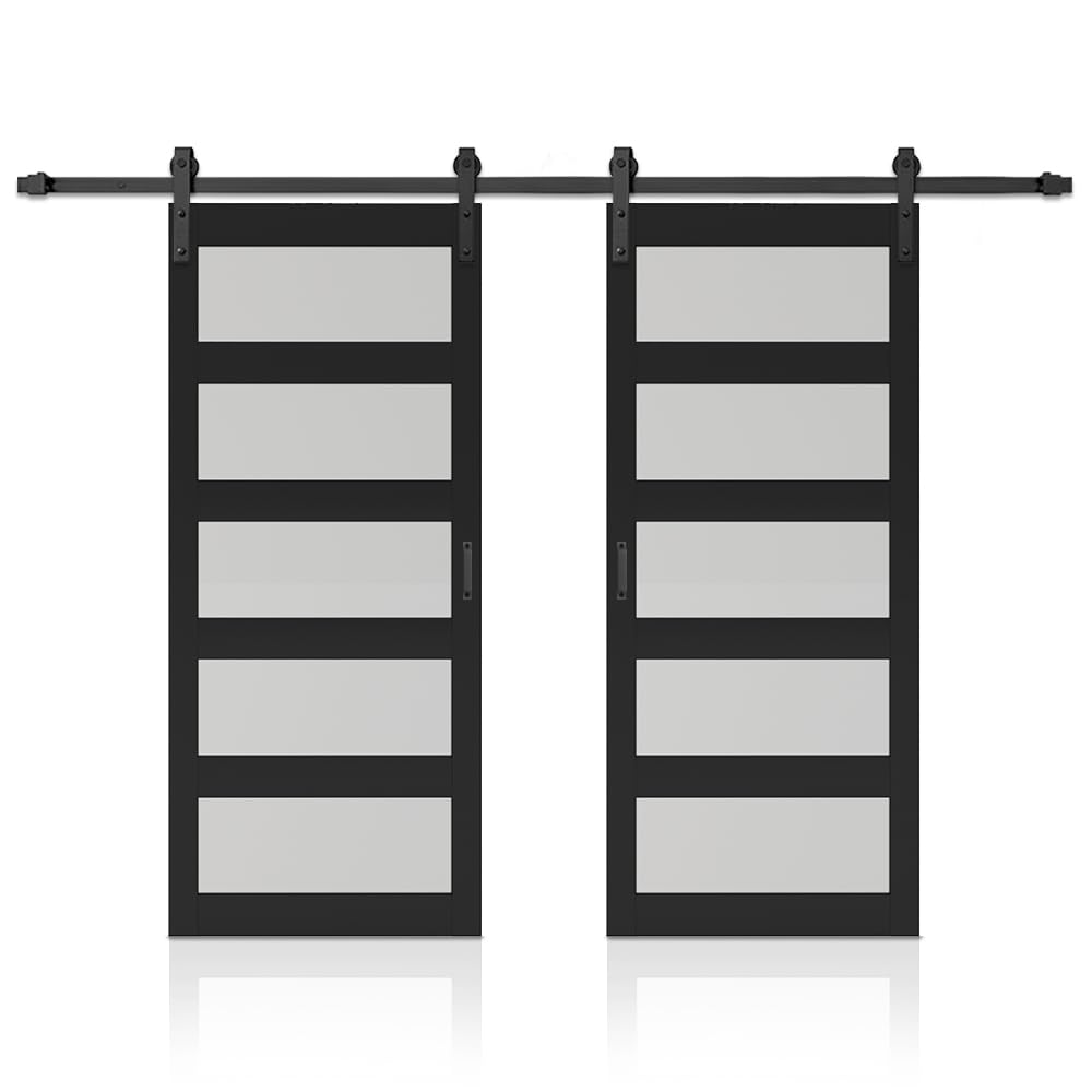84 in. x 84 in. 5 Lite Tempered Frosted Glass Black Finished Composite Double Sliding Barn Door with Hardware Kit Handle