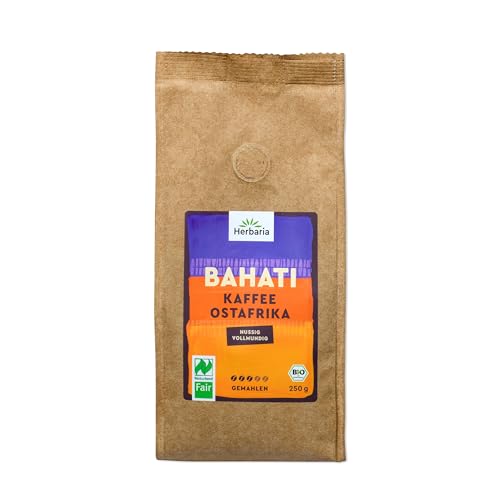 Herbaria BAHATI Bio Kaffee gemahlen 250g – Naturland Fair zertifiziert aus Ostafrika – feinste Kaffee-Aromen nach gerösteten Nüssen & Schokolade – ideal für Filterkaffee und French Press