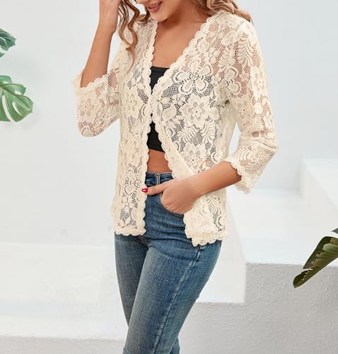 Image of Bolero Shrugs for Women Dresses Black White Lace Summer Beach Lightweight Sheer Long Sleeve Wedding Cardigan Dressy