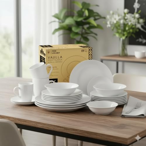 Catálogo para Comprar On-line Vajillas crown baccara que Puedes Comprar On-line. 50 Red Velvet Vajilla de Porcelana, Set de 16 Piezas, Incluye 4 Platos Extendidos, 4 Platos Postre, 4 Tazones y 4 Tazas, Blanco