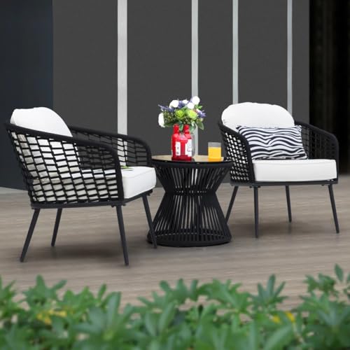 Image of LOCCUS 3-Piece Outdoor Patio Furniture Set | 2 Rope Wicker Chairs + 1 Round Glass-Top Side Table | All-Weather Rattan Conversation Set for Balcony, Garden & Patio | Comfortable & Compact Design
