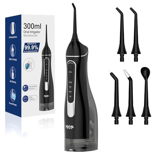 Water Flosser Teeth Pick, Cordless Dental Pick for Travel with 4 Modes & 5 Jet Tips, IPX7 Waterproof Portable & 300ML Larger Tank Rechargeable Oral Irrigator B