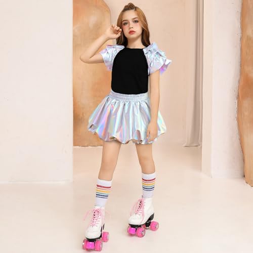 Image of Perfashion Girls Bubble Skirt Metallic Puff Balloon Cute Mini Skorts Dance Outfits with Shorts 4-13Y