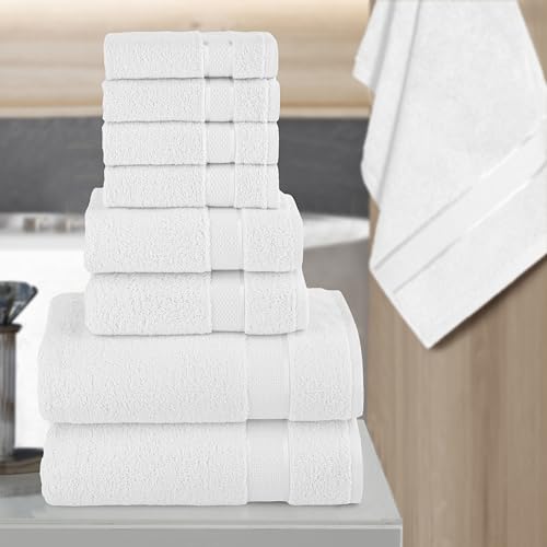 Image of Elegant Comfort Premium Cotton 8-Piece Towel Set, Includes 4 Washcloths, 2 Hand Towels and 2 Bath Towels, 100% Turkish Cotton - Highly Absorbent and Super Soft Towels for Bathroom, White