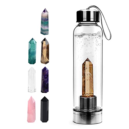 Tyuodna Crystal Quartz Glass Water Bottle, Healing Gemstone Bottle 550ml (Smoky Quartz), Smoky Quartz+bottle, 550 ml