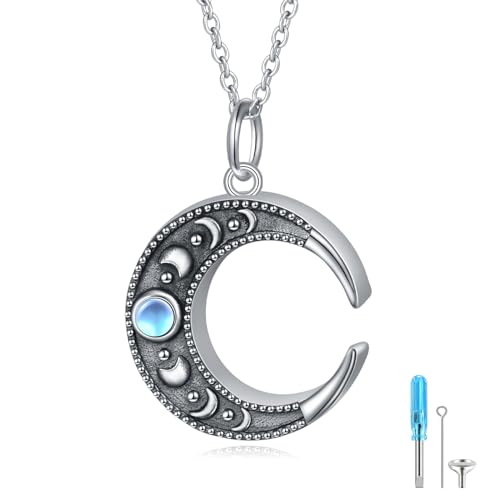 HOOHWE Collar de urna de piedra lunar para cenizas, plata de ley 925, collar de fase media luna, fase, colgante, círculo, luna, colgante para mujeres, joyería de luna, cenizas, recuerdo, Plata