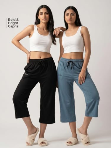 Image of Fflirtygo Women's Cotton Plain Calf Length Capri | Nightwear Pyjama | 3 /4th Solid Pyjama Pant | Black and Bluish Grey Color | Casual wear & Lounge Wear Capri Combo (Pack of 2)