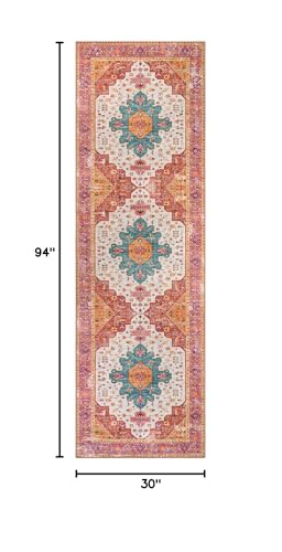 Moynesa Ultra-Thin Washable Runner Rug - 2'6"x8' Pink Runners for Hallways, Boho Non-Slip Bedroom Rug Runner, Vintage Oriental Medallion Kitchen Carpet Runner for Home Entrance Decor