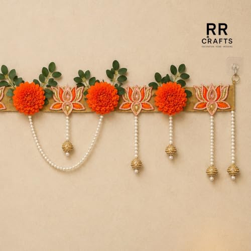 Image of Premium Lotus Toran for Main Door Entrance|Handmade Orange Lotus Flower Banderwal with Pearl Hanging & Green Leaves|Decorative Door Hanging for Diwali, Pooja, Wedding & Home Decor|38 in.