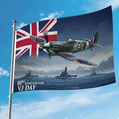 Remembrance Day Flag VJ 80th Anniversary 3 x 5ft Flag Banner Decorations Memorabilia 80 Years Victory Japan Patriotic Spitfire Decorations RAF WW2 1945 Union Jack England VE