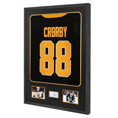 Image of Jersey Frame Display Case with Picture Slots & Tempered Real Glass | Jersey Frame Display Case, with Picture Slots & Tempered Real Glass, Signature for Shirt Uniform, Two 4x6 Photos, Black
