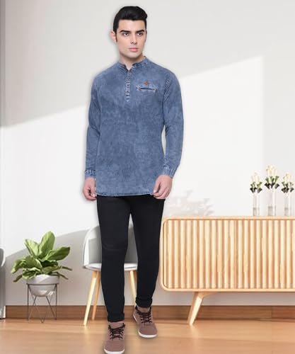 Image of Kuons Avenue Men's Denim Casual Short Kurta | Mandarin Collar | Full Sleeves | Tailored Fit- Stylish Ethnic Wear