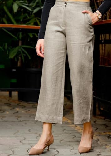 Image of Vogaan Women Cotton Linen Blend Straight Fit Trousers | High Waist Casual Office Pants | Solid Ankle Length Bottom Wear