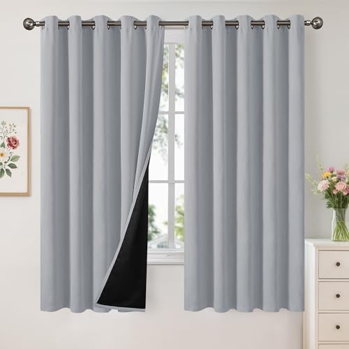 Image of YoungsTex Light Grey 100% Blackout Curtains for Bedroom 60 X 63 Inch Length, Heat Blocking Thermal Drapes with Grommet for Living Room Energy Saving Privacy with Insulated Liner, 2 Panels