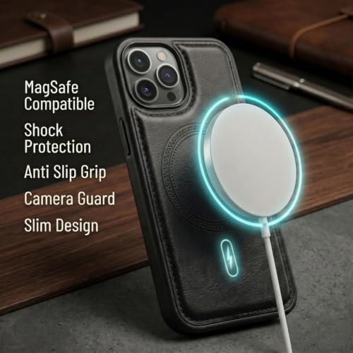 Image of amazon basics Premium PU Leather Case for iPhone 12 Pro Max, MagSafe Compatible Magnetic Ring, Sleek Protective Back Cover - [Black]