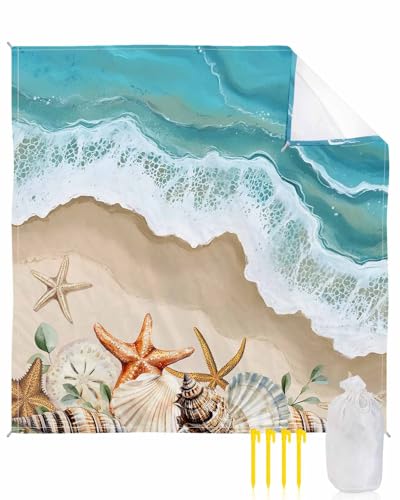 Nautical Coastal Ocean Wave Beach Blanket Extra Large 83x79in Outdoor Waterproof Sandproof Picnic Blankets with Stakes Lightweight Beach Mat for Camping Travel,Summer Beach Seaside Starfish Shell