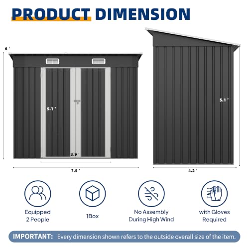 Image of UDPATIO 8x4 FT Metal Storage Shed,Outdoor Shed,Garden Shed for Patio,Grey | All-Weather,Sloping Roof,Lockable Door,Air Vent,Upgraded Full-Frame Structure,Patio,Lawn,Garden,Backyard,Bicycle,Tool,Bicycle