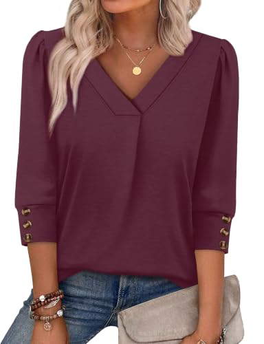 OFEEFAN Womens 3/4 Sleeve Tops with Buttons V Neck Summer Outfits Dressy Casual Blouses for Women Fashion Clothes