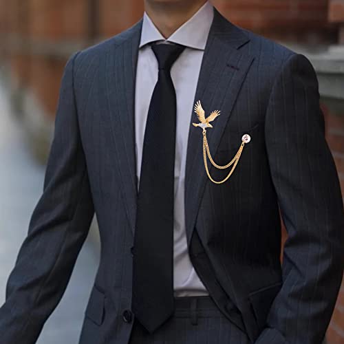 Image of Vintage Hawk Chain Brooch Pin,Animal Eagle Bird Long Chain Tassel Suit Lapel Pin Rhinestone Hawk Badge Pin Jewelry for Men Women