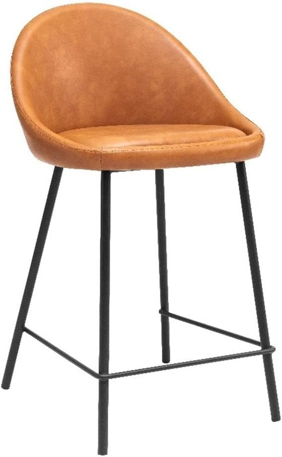Pemberly Row Modern Bar Stool Set of 2, 26 in Seat Height, Tan Faux Leather Upholstery, Foam-Padded Full Back, Black Metal Legs with Footrest, Rustic Design for Kitchen or Bar Counter Seating