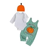 BeQeuewll My First Halloween Baby Boy Outfit Newborn Pumpkin Romper + Plaid Overalls+ Hat 3Pcs Infant Boy Fall Clothes(Pumpkin, 0-3 Months)