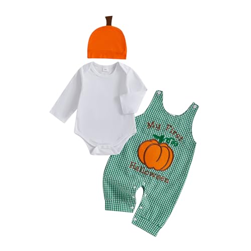 BeQeuewll My First Halloween Baby Boy Outfit Newborn Pumpkin Romper + Plaid Overalls+ Hat 3Pcs Infant Boy Fall Clothes(Pumpkin 0-3 Months)