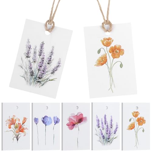 Etiquetas de regalo florales: 50 piezas de papel con cuerda en 5 estilos de acuarela para boda