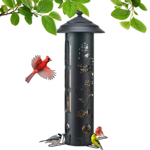 Veehoo Squirrel Proof Bird Feeder for Outdoors, Hanging Wild Bird Feeder Anti Squirrel with Weight-Activated Perches, Metal Cardinal Finch Feeder Outside Decorative for Thistle and Mixed Seed, Black