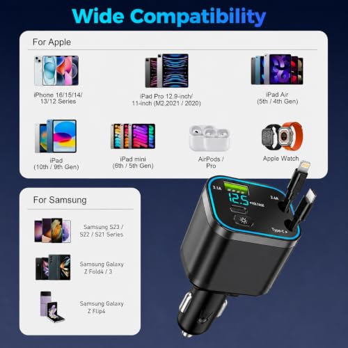 Image of 120W Ultra Fast Car Cellular Phone Charger - 4 in 1 Retractable Charger with USB-C Cable & Purple Starry Sky Lights,Dual USB Port,180 Adjustable,Compatible with iOS & Type-C Device