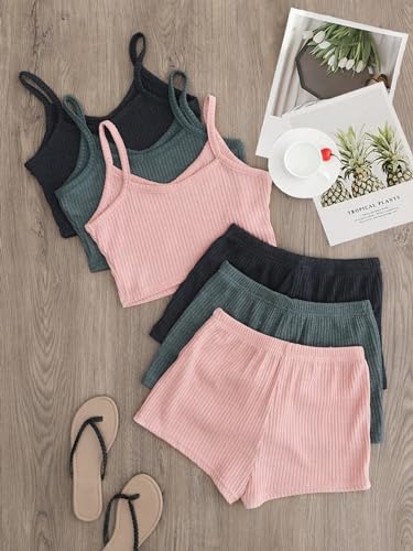 GORGLITTER Women's 6 Pieces Pajamas Set Ribbed Knit Sleeveless Crop Cami Top and Shorts Sleepwear2