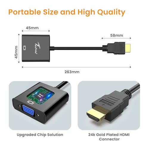 Image of Techie HDMI to VGA Converter 1080p 60Hz | Digital to Analog Display Converter for Laptop, PC, TV Box & Media Player | Plug-and-Play Compact Dongle Connects HDMI to VGA Monitor or Projector - Black