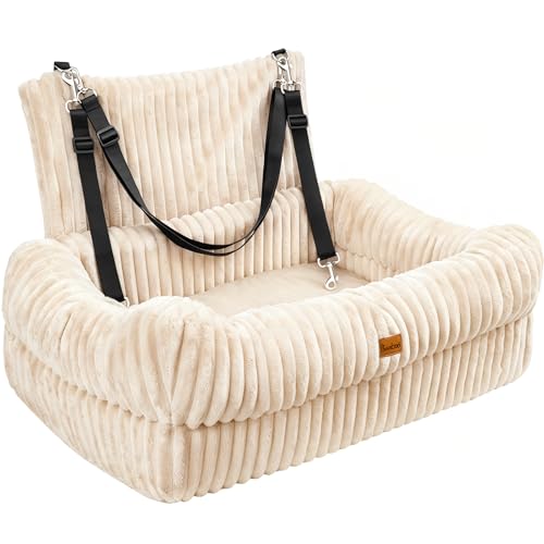Pawaboo Dog Car Seat Dog Booster Car Seats with Memory Foam Thickened Cushion & Washable Removable Cover Pet Travel Carseat Bed with Safety Leashes for Medium/Large Dogs or 2 Small Dogs Beige