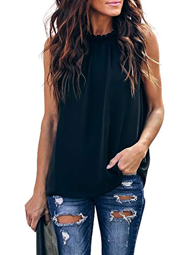 Alvaq Woman Summer Sexy Halter Ruffle Trim Chiffon Sleeveless Tank Tops And Blouses Plus Size Black 2X #TOP12
