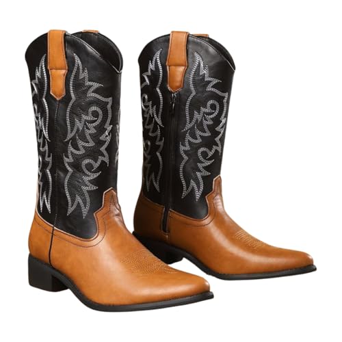 Santimon Men's Leather Cowboy Boots with Zipper, Slip on Western Style Boots with Embroidery