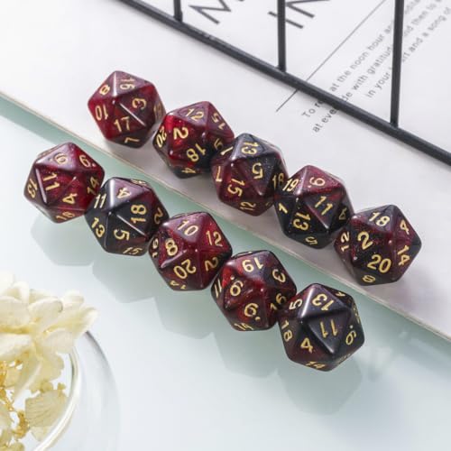 Yourandoll 10 STÜCKE Polyedrische Würfel D20 Würfel Dice 20mm Acryl Dice Spielwürfel for DND RPG Tischspiele (Sternenhimmel Rot Schwarz)