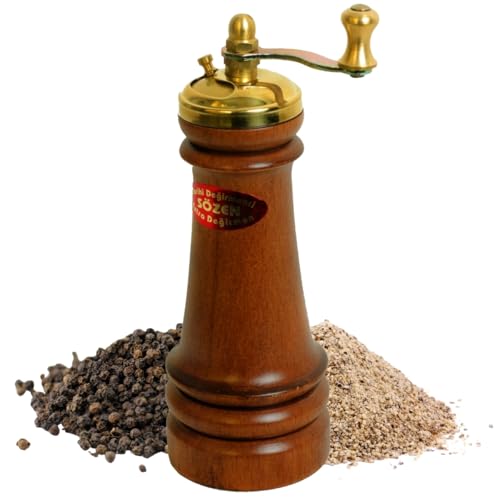 Sozen Manual Wooden Pepper Grinder – 5' Handmade Manual Turkish Pepper Mill with Stainless Steel Burr – Portable Hand Crank Spice Grinder for Black Pepper, Salt, Peppercorns, and Other Spices