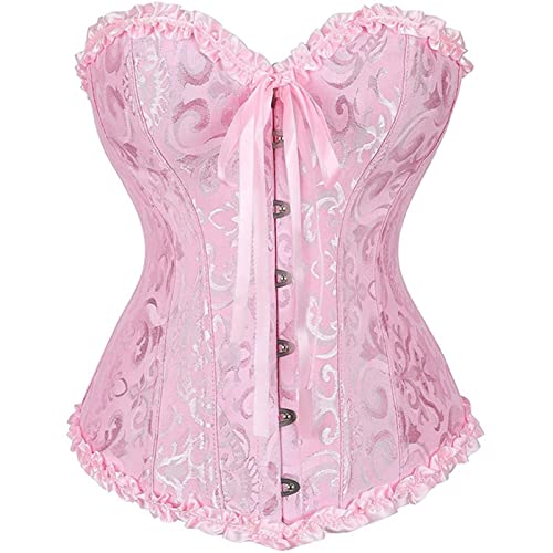 LSFYSZD Womens Lace Up Boned Overbust Corset Bustier Lingerie Bodyshaper Top Plus Size (Light Pink S)