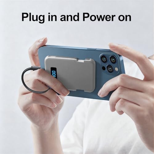 RRUHHK Ultra-Slim 5000mAh Portable Charger for iPhone & Android, Mini Power Bank with Built-in Cables (USB-C & iOS), 5V/2A Small External Battery Pack for iPhone 16/15/14/13, Samsung, Google β Grey - 5