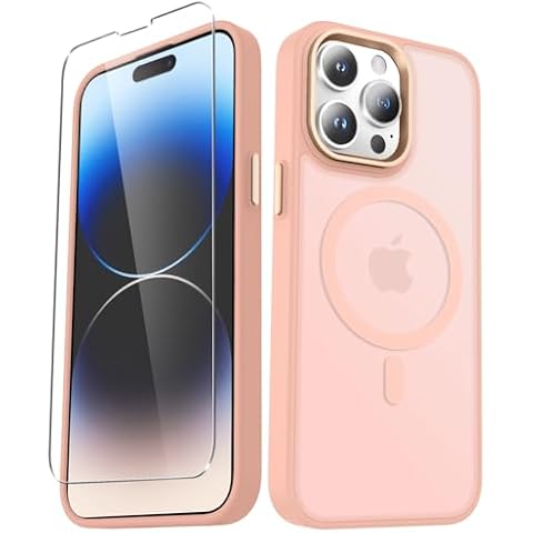 YENAPOON for iPhone 14 Pro Max Case, Matte Magnetic Phone Case with 1 Screen Protector, Support for Magsafe, Translucent Frosted Slim Shockproof Protective Cover for iPhone 14 Pro Max 6.7 inch, Pink Cover