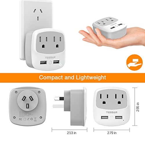 Image of TESSAN New Zealand Australia Plug Adapter, Type I Travel Adaptor with 2 USB Ports 2 American Outlets, US to Australian AU Fiji Argentina China Charger Power Converter