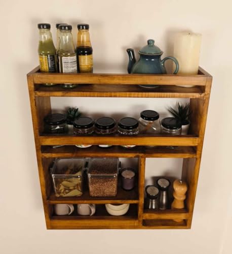 Image of Rustic Wooden Wall-Mounted Spice Rack, Kitchen Storage Organizer with 5 Shelves, Coffee and Condiment Display Stand